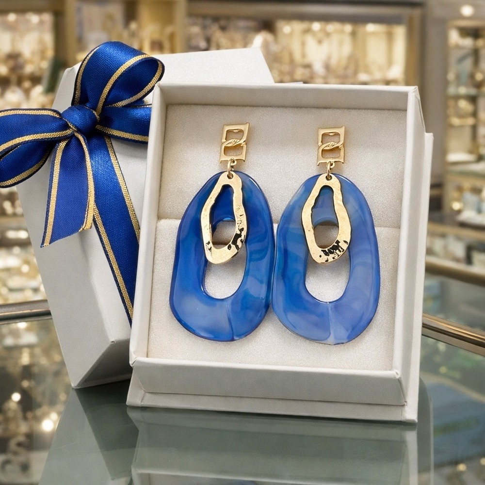 Blue Marbled Resin and Hammered Gold Tone‎ Statement Drop Earrings